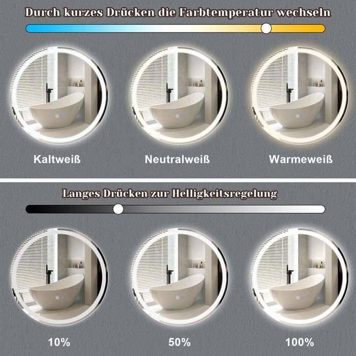 Miroir de salle de bain - NETTLIFE - Rond 50 cm - LED dimmable 3000K-6500K - Interrupteur tactile - Anti-buée IP44