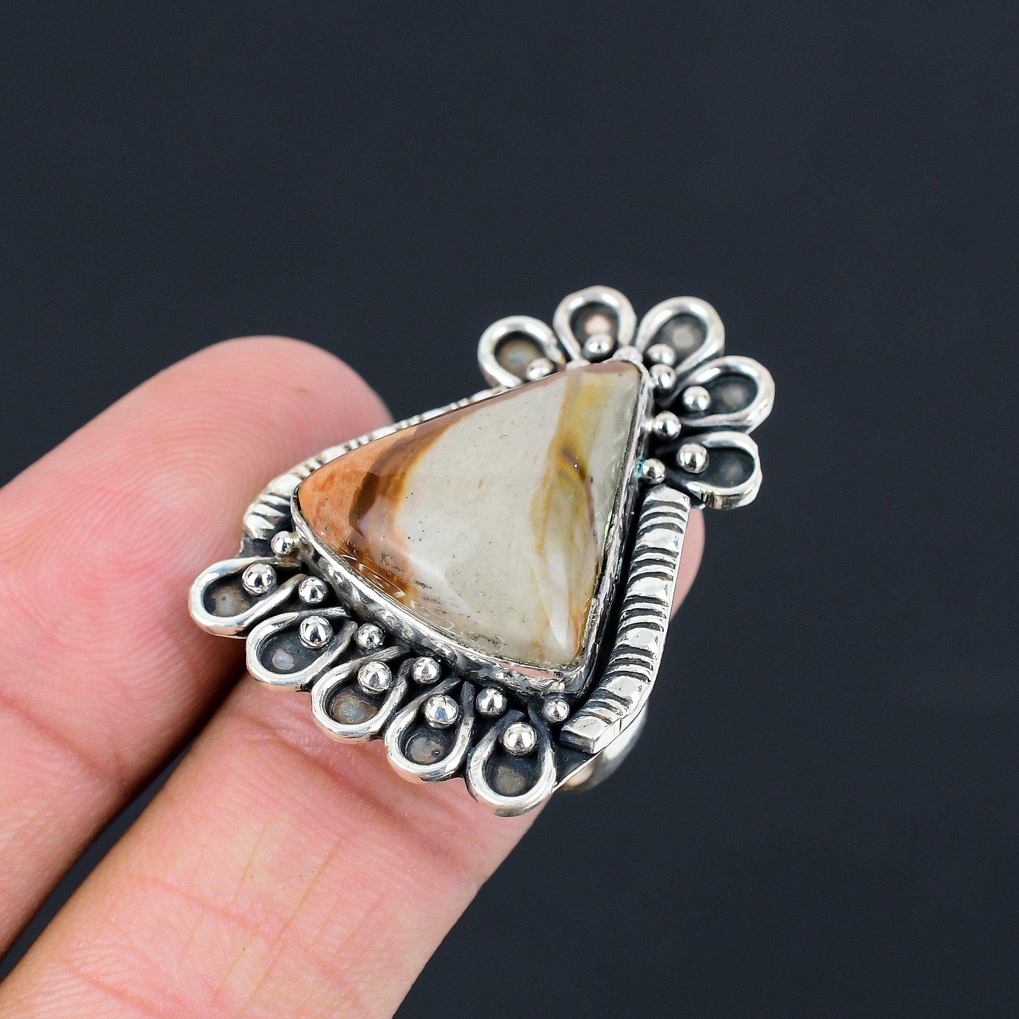 925 Sterling Silver Natural Polychrome Jasper Sister Solitaire Trendy Ring US 8 8