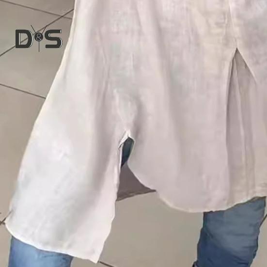 Dameskjorte V-hals Langermet Sidesplitt Hem Pullover Topper Ensfarget Løs Passform Sommerskjorte Hverdagsklær