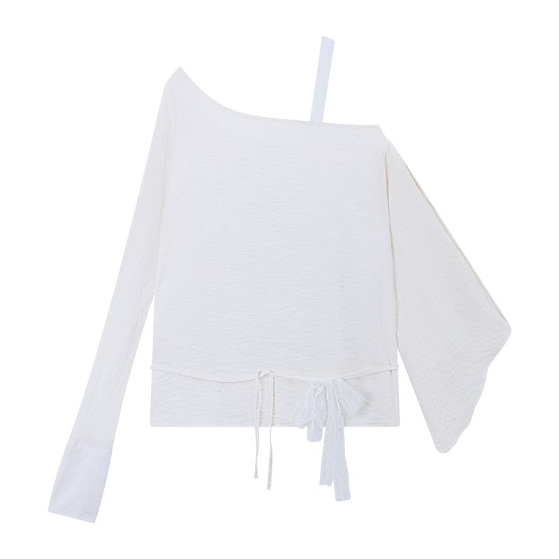 

Kumikumi Idle Style Suit Loose Pure Color Oblique Shoulder Long Sleeves T-shirt Women Autumn High Waist Casual Pants Two-piece Set Off-white oblique shoulder Tops M