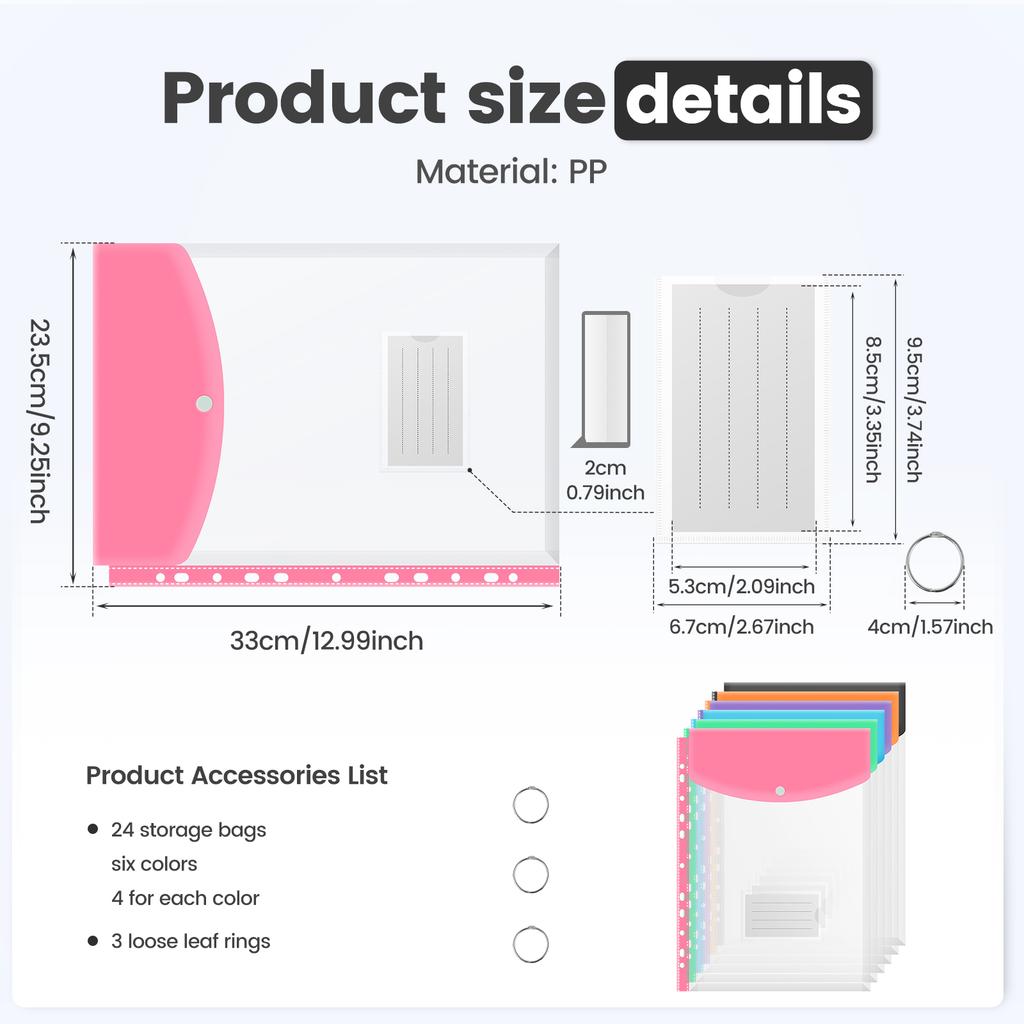 24Pcs Plastic Envelopes Binder Pocket with 11 Holes Waterproof Envelopes Binder Folder with Snap Button and Label Pocket