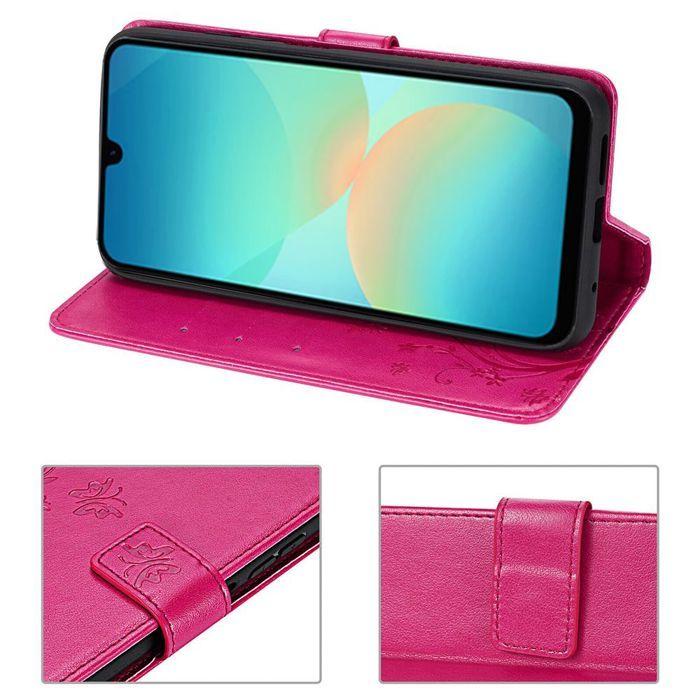 Case + 2 Tempered Glasses for Samsung Galaxy A27 5G, Shockproof Scratch-Resistant PU Leather Fuchsia Floral Pattern