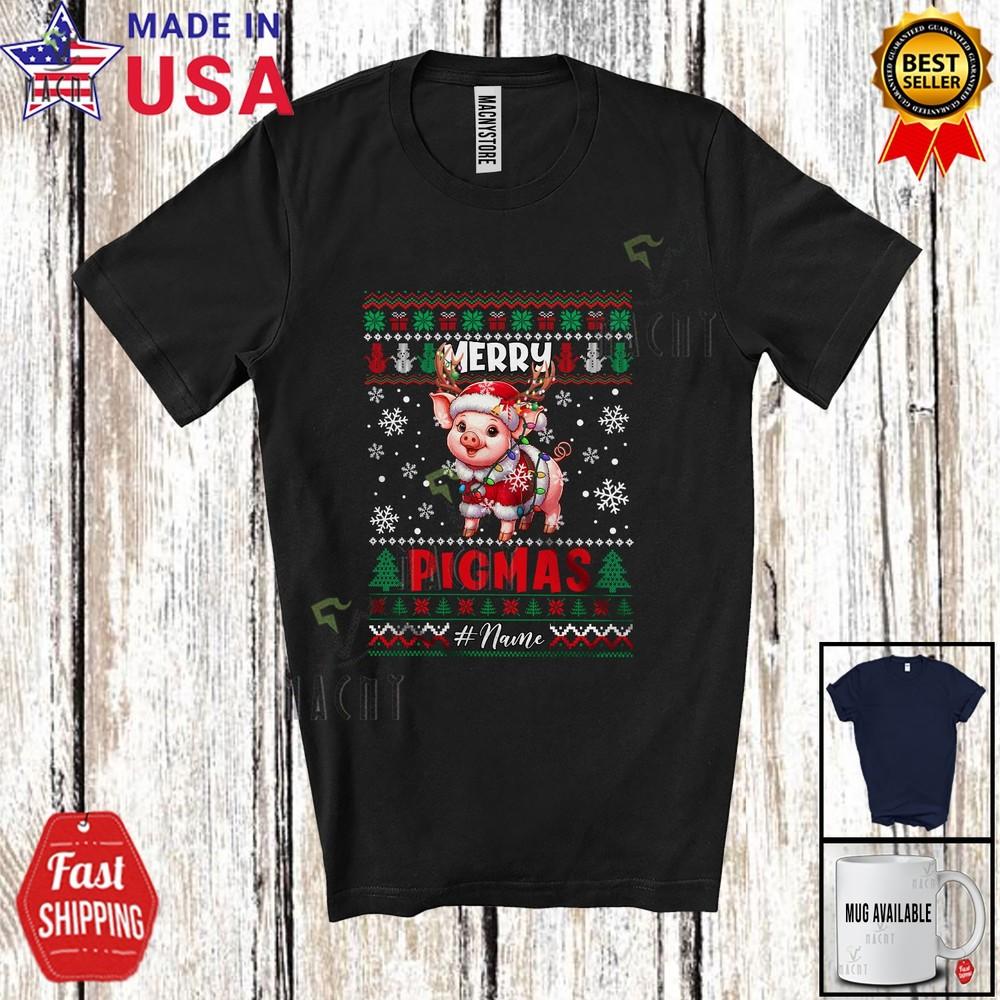 Custom Name Merry Pigmas Lovely Christmas Sweater Pig Santa Reindeer T-Shirt XL