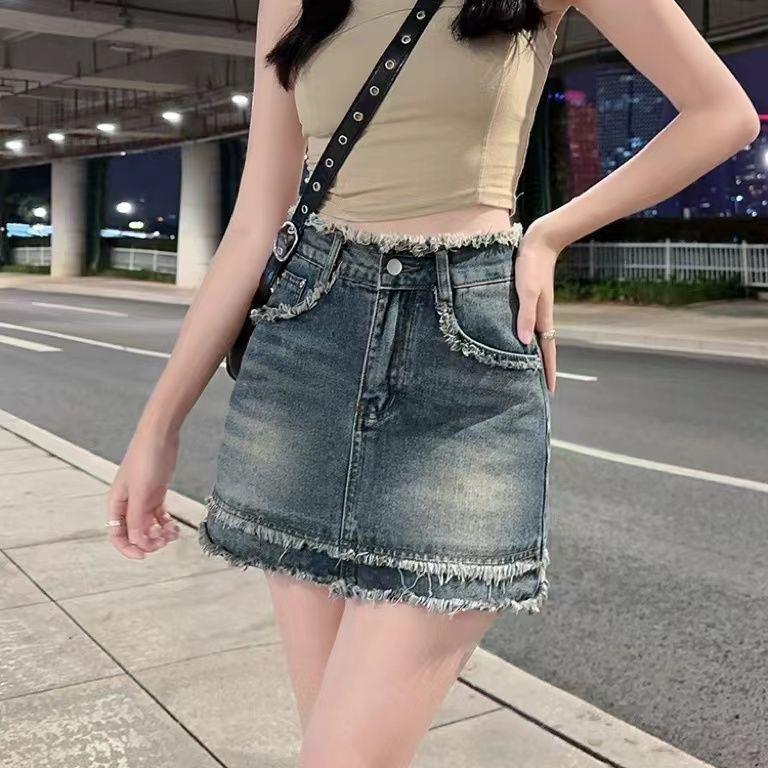 2024 Amerikanischer Retro High Waist Denim Bodycon Rock - Koreanischer Stil, Raw Edge, Schlankmachender Midi-Rock für Frühling/Sommer