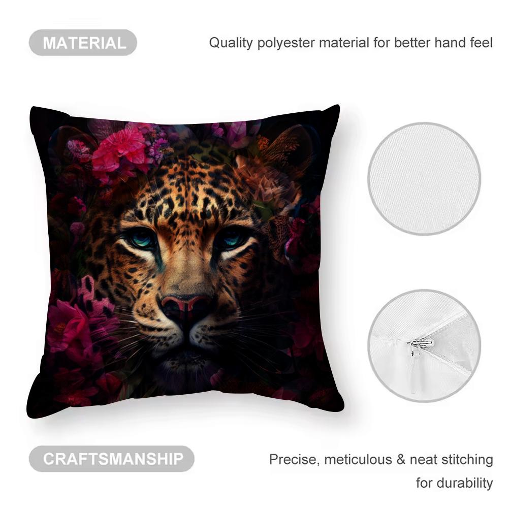 Uropäische Mode Leopard mit Kranz Tiere Porträt Malerei Kissenbezug Hausstaubmilbenabweisender Kissenbezug Verdeckter Reißverschluss Seidiger Shor