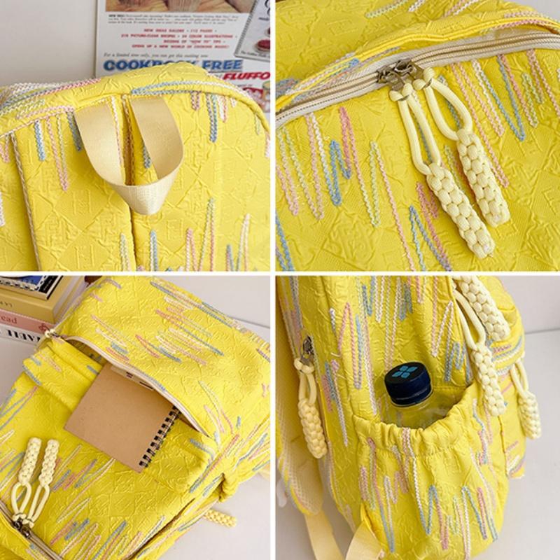 Autumn New Simple Lightweight Student Backpack Junior/high School Girl Schoolbag Cute Sweet Embroidery Striped Travel Book Bags with Cartoon Pendant