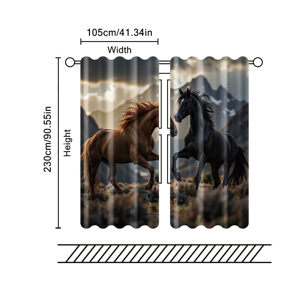 2 Pcs, Filtering Curtains (Excluding Rods, Non-Movable, Without Batteries) Horse, Mountain For Use In Bedrooms And Living Rooms