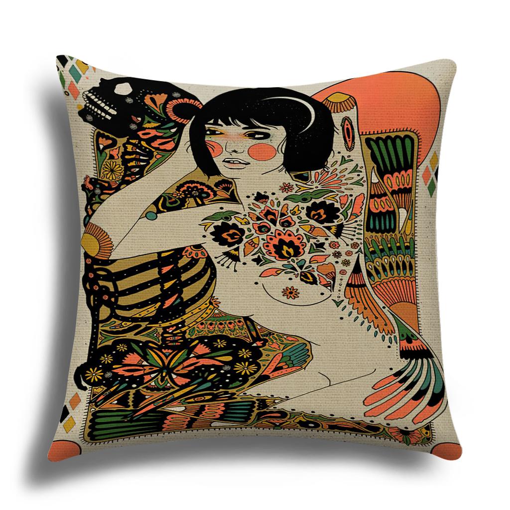 Classic Retro Girl Skull Illustration Cushion Cover Pillow Cover Sofa Cushion Cover Living Room Bedroom Soft Home Decoration