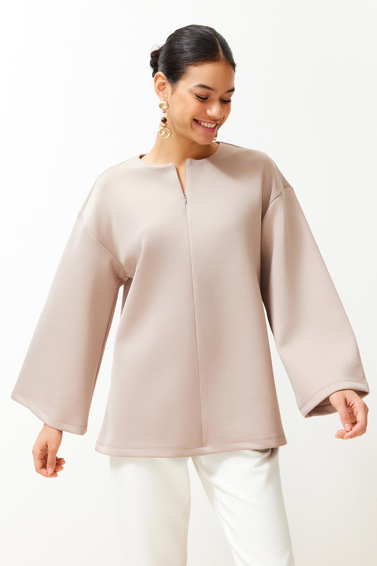 

Women s Hijab Tunic Fashion New Season Beige Front Zipper Detailed Diver Scuba Stylish Knitted Sweatshirt M болюс
