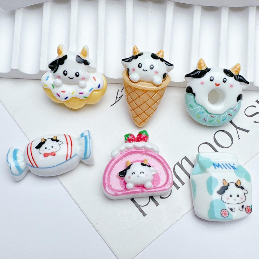 10Pcs New Cute Cartoon Cow Beverage, Cake, Candy, Ice Cream Series Flat Back Ornament Jewelry Bows Accessories