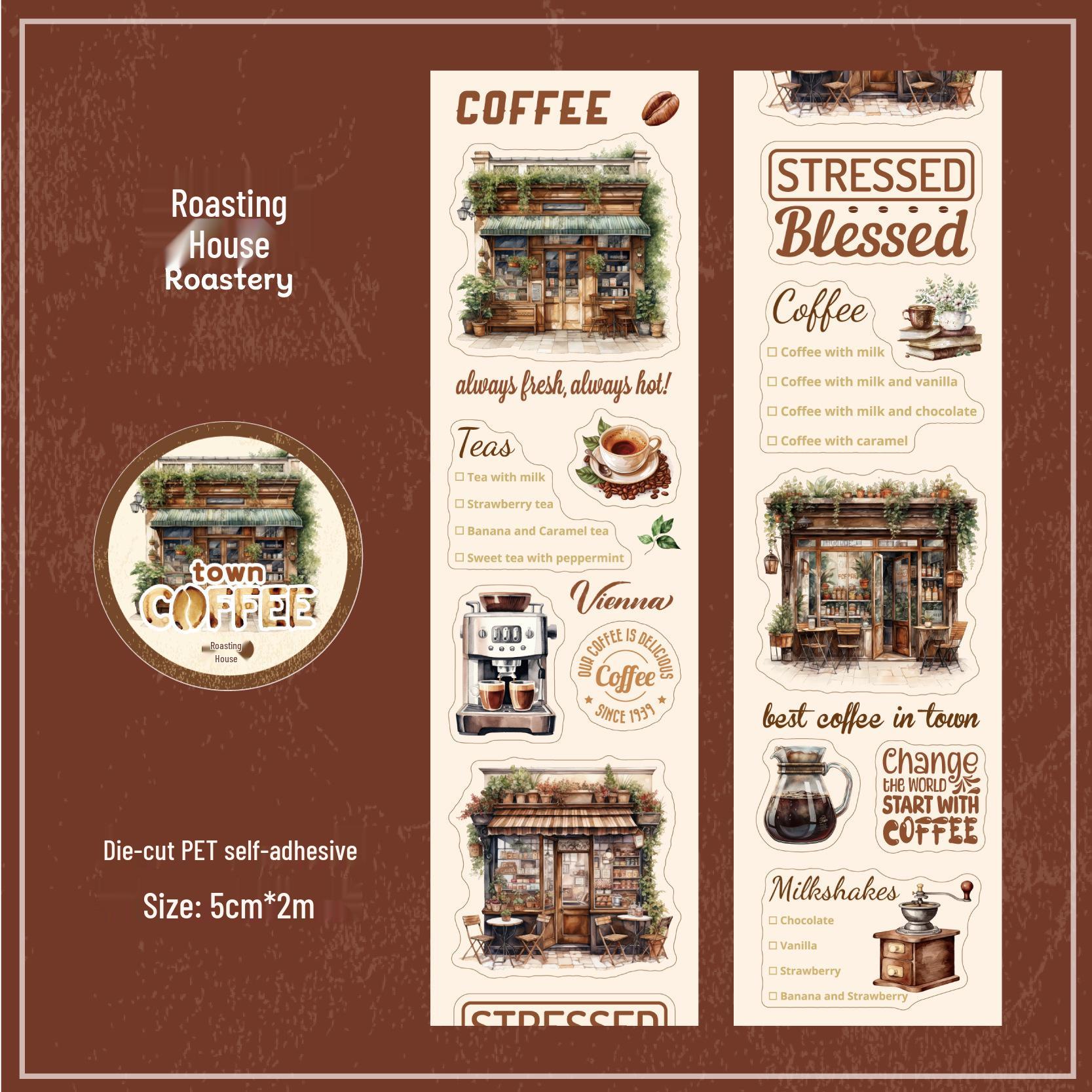Coffee Town Series Retro Story Die-Cut PET Tape - Coffee Life Journal Stickers (6 Styles Available)