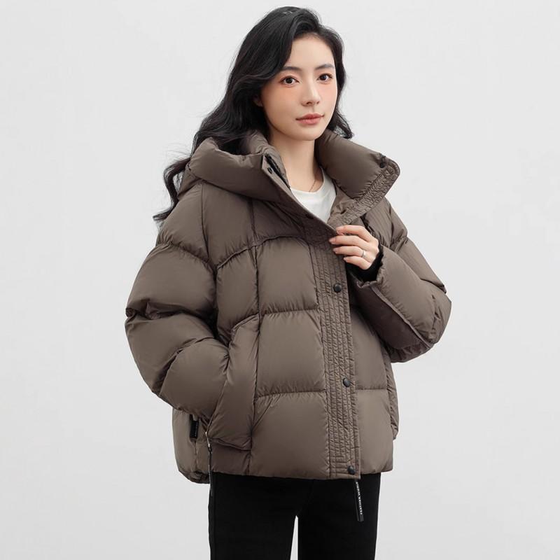 Womens Short Puffer Jacket With Hood Warm White Duck Down Coat Loose Fit Stylish Winter Outerwear