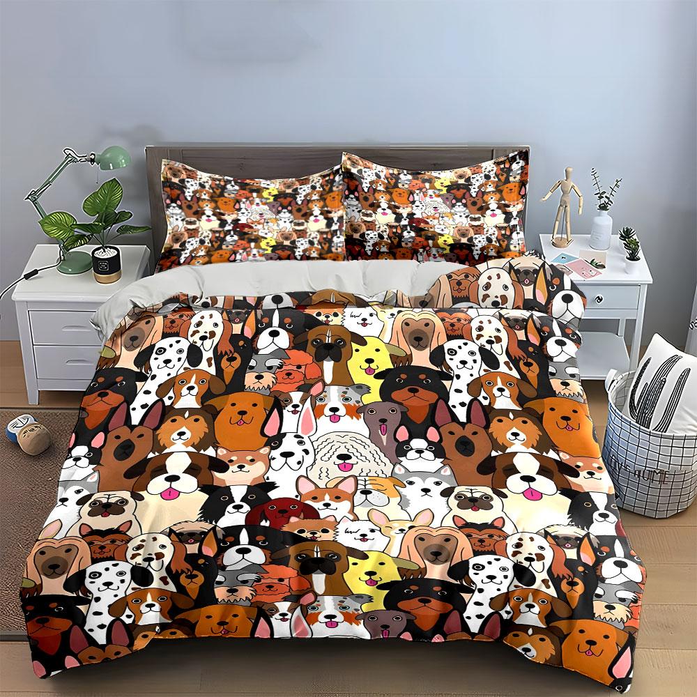 Colorful Cartoon Dog Pattern Bedding Duvet Cover Set  (1*Duvet Cover 2*Pillowcases, without duvet insert)