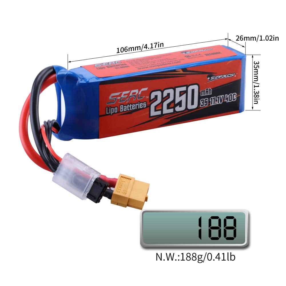 SUNPADOW 3S 11.1V LiPo Pack, 2250mAh 40C with XT60 Plug, for FPV and Drones