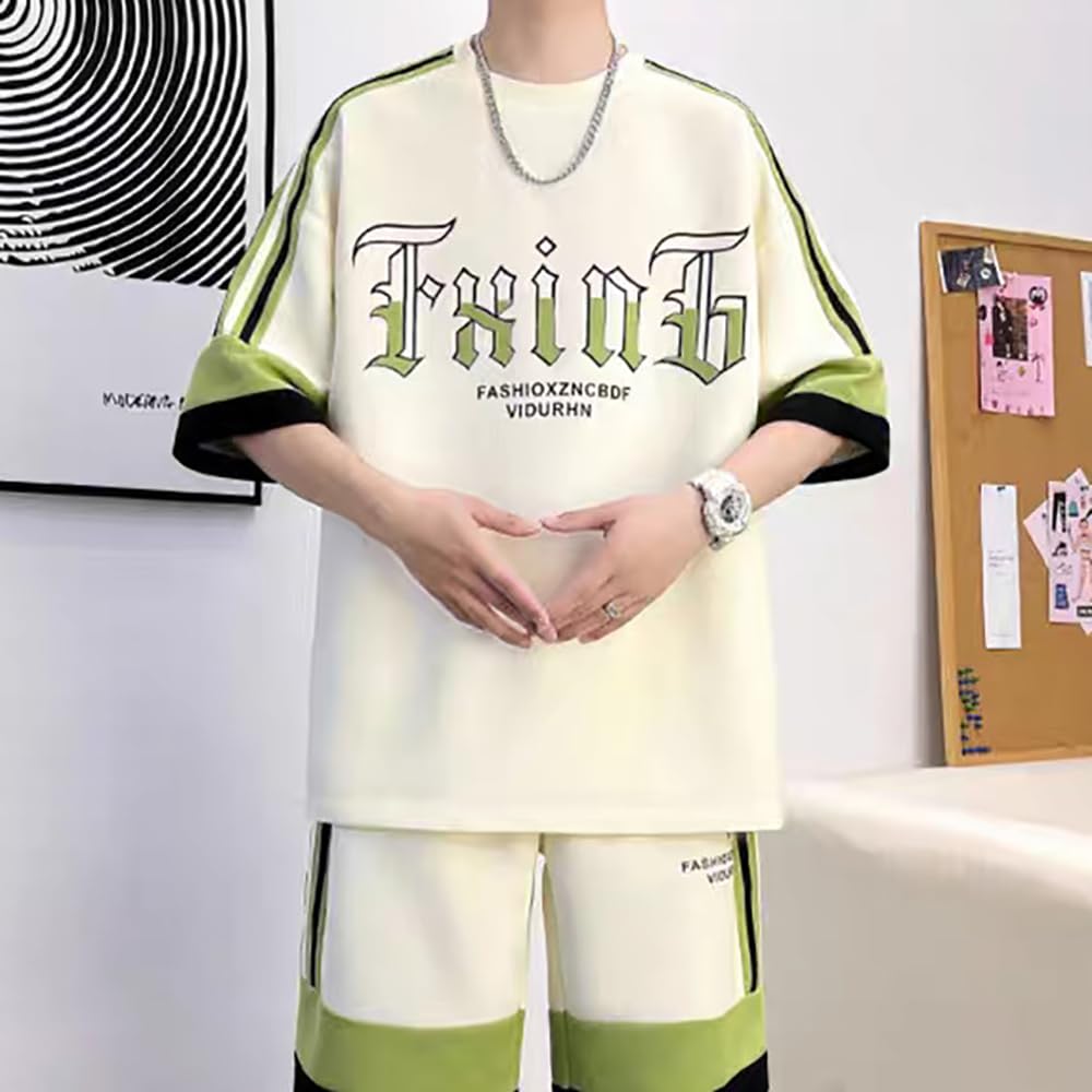 KTNCFD Short Sleeve Summer Plus Jersey and Loose Fit Men's Set, Sizes, 2-Piece Set, T-Shirt, Top, Shorts, Sportswear, Sweatshirt, Loungewear, (8XL,