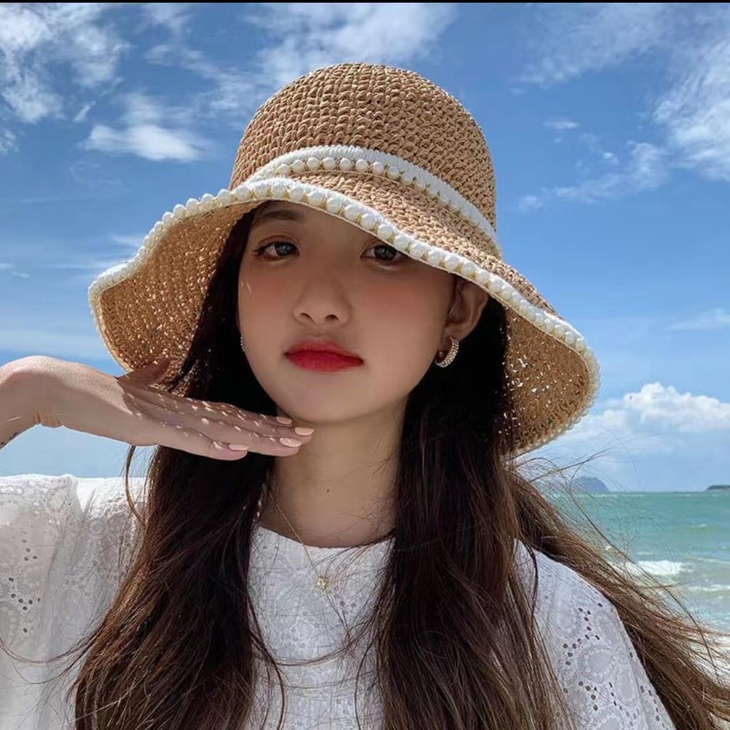 Hat women's woven pearl straw hat summer thin sunshade sun protection seaside beach show face little fisherman sun hat cool