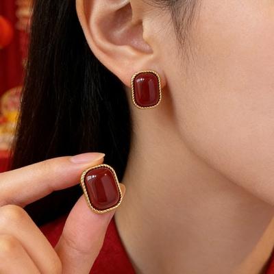 Retro Hong Kong Style Red Drip Glaze Stud Earrings Spring and Summer Temperament High-end Earrings Design New Year's Earrings