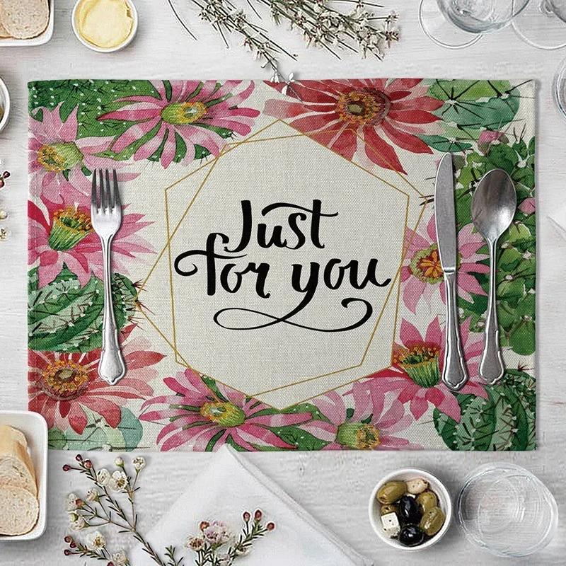 

6PC 30x45CM Leaves Plant Letter Linen Dining Table Mat Love Green Tropical Leaf Placemat Coaster Pad Bowl Cup Home Decoration 6PC 30x45CM