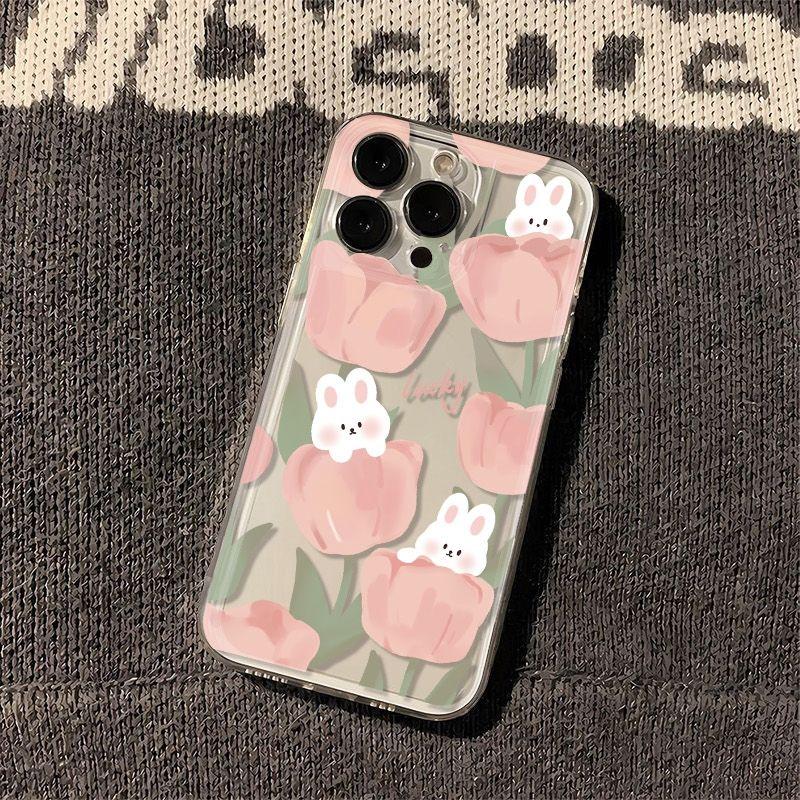 Pink Tulip Cartoon Rabbit  Phone Case for IPhone 16 17 Pro Max 15 14 13 12 11 Pro Max 16 15 14 Plus Transparent Shock Proof Case