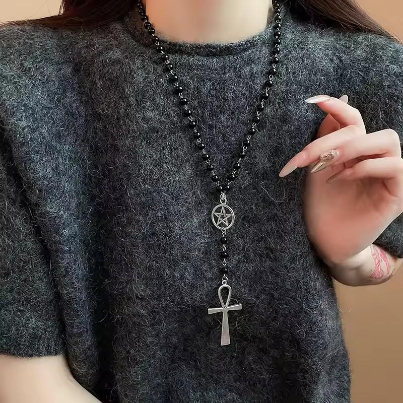 Ankh und Pentagramm Rosenkranz Halskette, Wicca, Heidnischer Rosenkranz Schwarze Perlen Anhänger Schmuck für Frauen Geschenk Mode Einfacher Schmuck