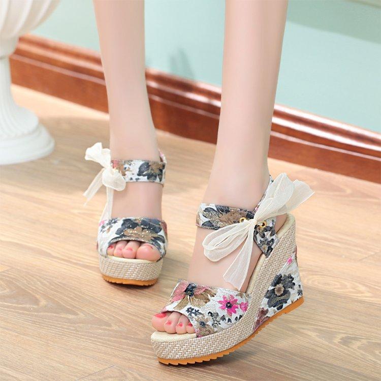 Sandals women's summer casual new super high heel flower wedge heel strap bow platform bohemian women's shoes