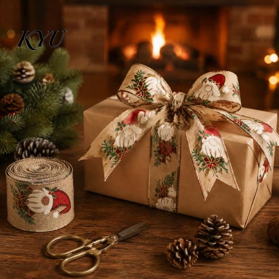 Vintage Style Christmas Ribbon 1 Roll Burlap for Gift Wrapping Tree Decor, Patterned Rustic Holiday Craft Imitation Linen Wired Fabric DIY Crafts And