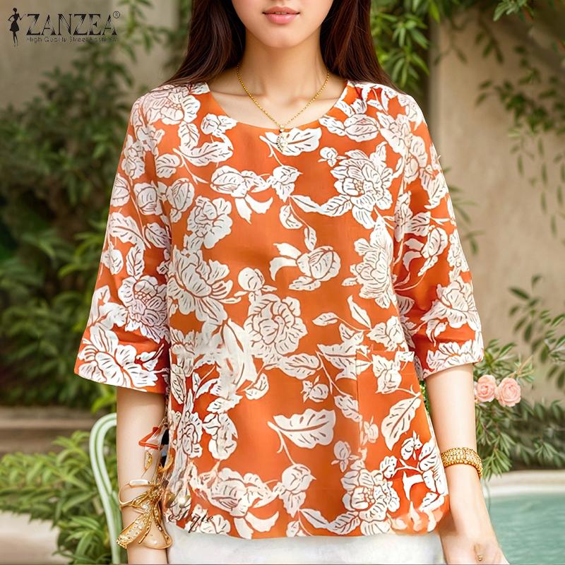 ZANZEA Women Casual Round Neck Summer Half Sleeve Print Blouse