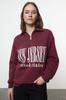 Women's Fashionable Stylish Sweatshirt Navy Blue Oversize Thick Fleece Slogan Printed Zippered Knitted Sweatshirt