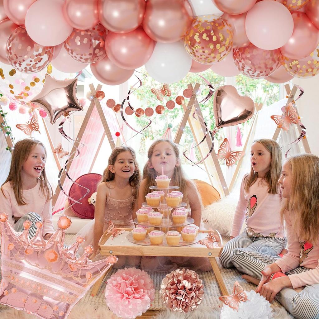 Rose Gold Birthday Party Decorations Kit for Women Girls, Foil Confetti Rose Gold Balloon Pink Happy Birthday Banner Fringe Curtains Butterfly Decor