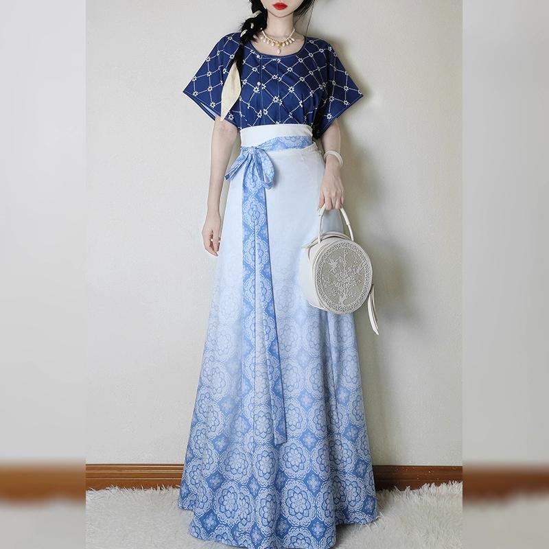 

Женский ханьфу в стиле династии Тан, рубашка с воротником-стойкой, юбка-однопредметное платье длиной до талии, костюм для повседневной носки для женщин XL темно-синий