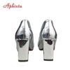 Aphixta Spring Silver 7cm Chunky Heels Pointed Toe Pumps Women Shoes Square Heel Party Official Large Big Size 45 46