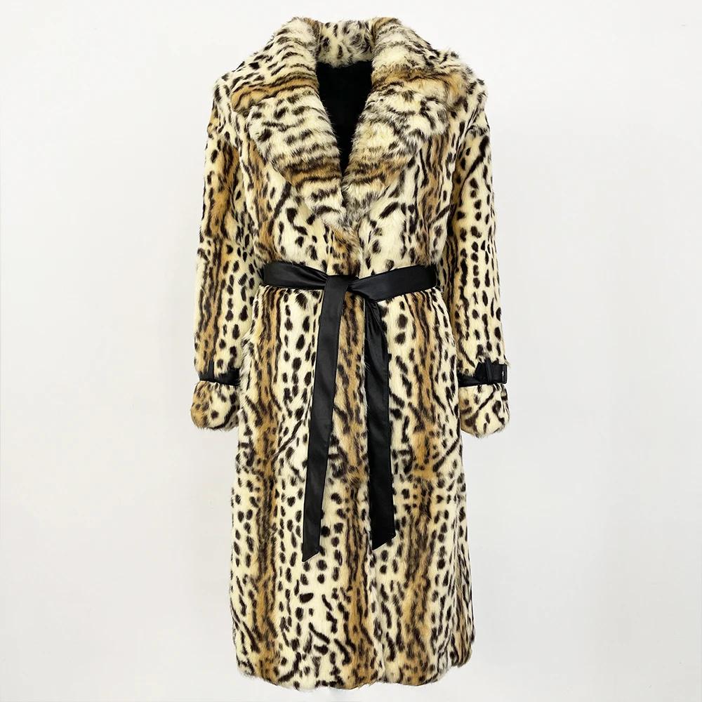 

OFTBUY 2024, осенне-зимнее пальто выше колена из цельной кожи, импортное пальто с кроличьим мехом, женское пальто с леопардовым принтом, утолщенное теплое меховое интегрированное пальто XXL