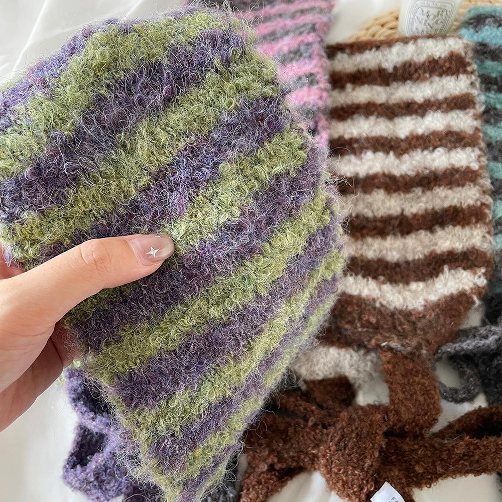 Winter Knitted Wool Small Ear Scarf Women's New High-end Stripes Slack with Scarf