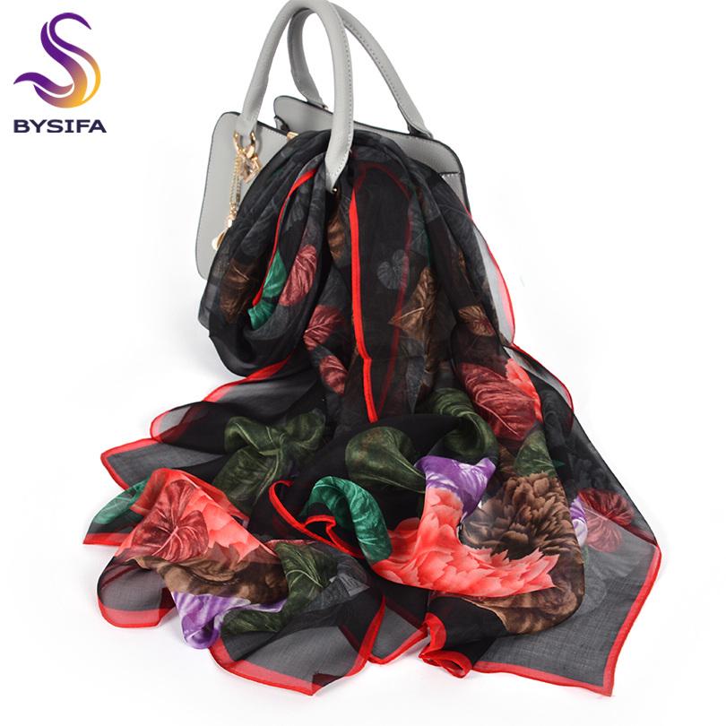 [BYSIFA] Blau Orange Seidenschal Marke Frühling Neu Florales Design Lang 100% Seide Chiffon Schal Stola Herbst Winter Damen Halstuch