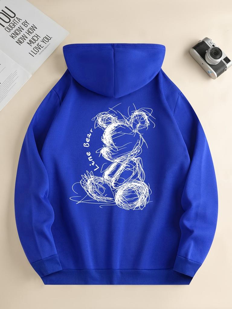 Fashionable men's autumn minimalist teddy bear print soft and comfortable hooded sweatshirt outdoor urban high street clothing