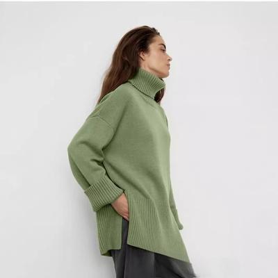 Damen Herbst und Winter Split Loose Knit Solid Color Pullover mit hohem Halsausschnitt