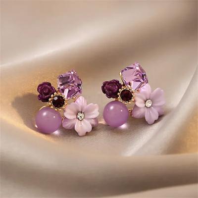Boucles d'oreilles à tige en cristal émaillé avec pétales de fleurs rétro pour femmes, bijoux coréens, mode, fête de mariage, bijoux cadeau
