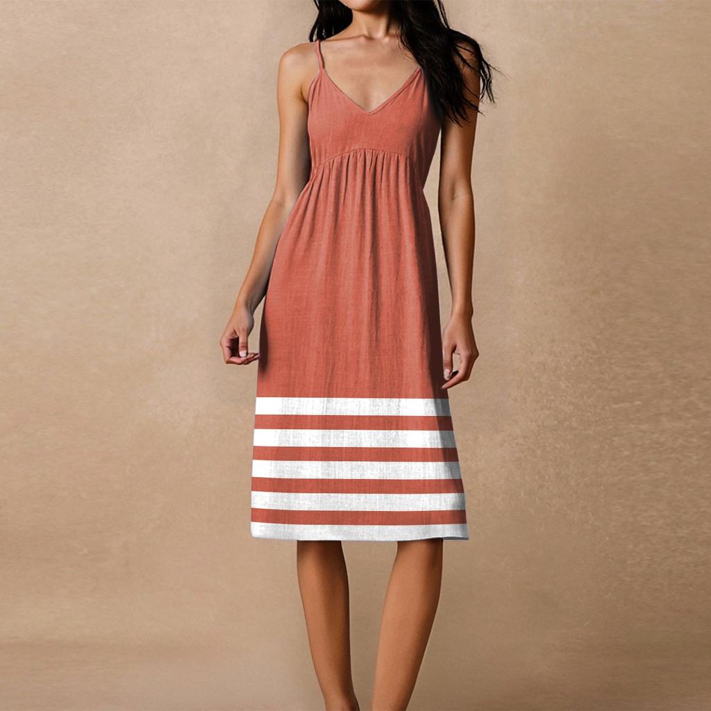 Women's Spaghetti Strap Backless Bow Loose Casual Beach Vacation Striped Printed Dress Sundress