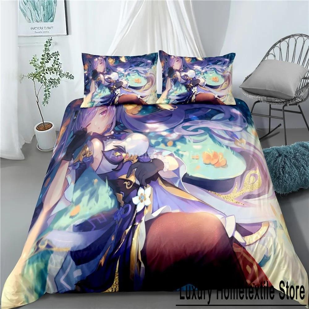 Keqing Bedding Set Genshin Impact Game 3d Print Bed Linen Quilt Soft Duvet Cover Sets Home Room Decor Queen King Size Purple