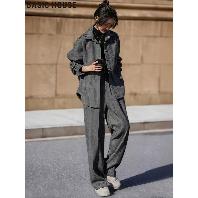 Basic House Women s Striped Shirt & Wide-Leg Pants Set L