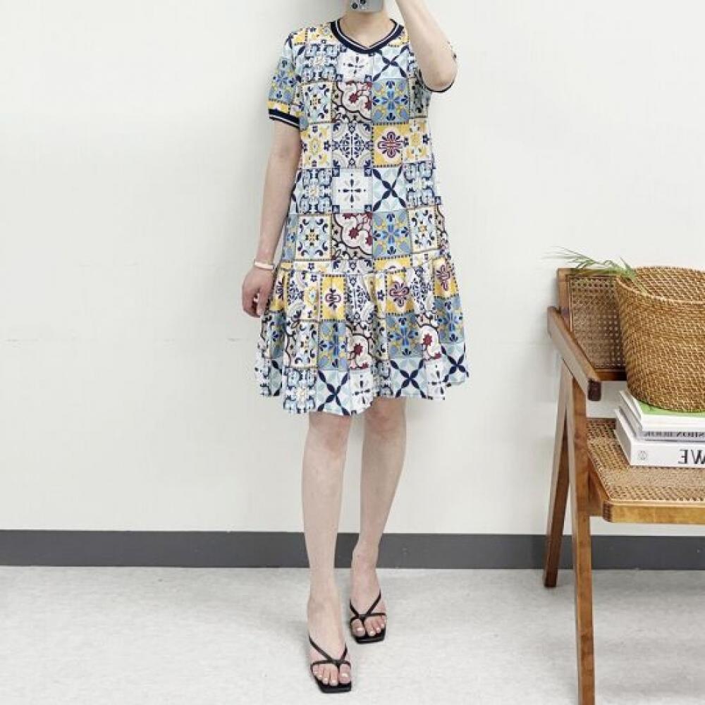 Mizqz Summer Cool Apple Ethnic Print Frill Short Sleeve Mini Dress