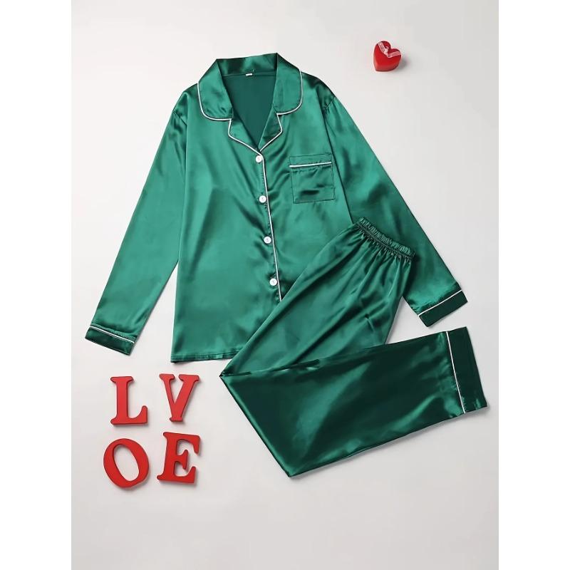 Pajama Set Long Sleeve Button Up Lapel Top & Pants Set Women's Sleepwear & Loungewear
