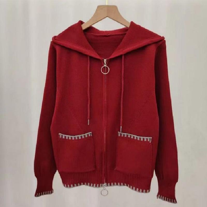 Autumn and Winter New Simple Design Sense Hooded Color Collision Double Zipper Knitted Slim Cardigan Jacket