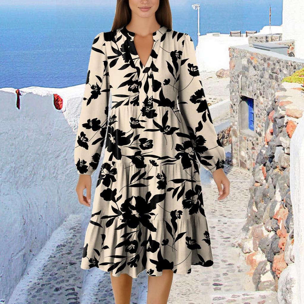 Women's V-Neck Flowing Layered Bohemian Long Sleeve Floral Print Dress