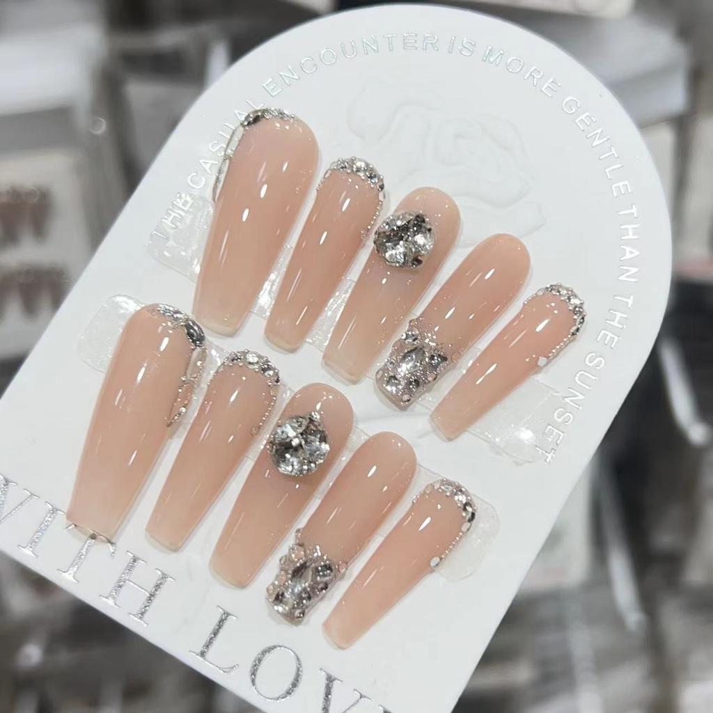 Pure Desire Style Wear Armor Handmade Gentle Nude Color Light Luxury Broken Diamond Nail Art Permanent Removable Nail Piece