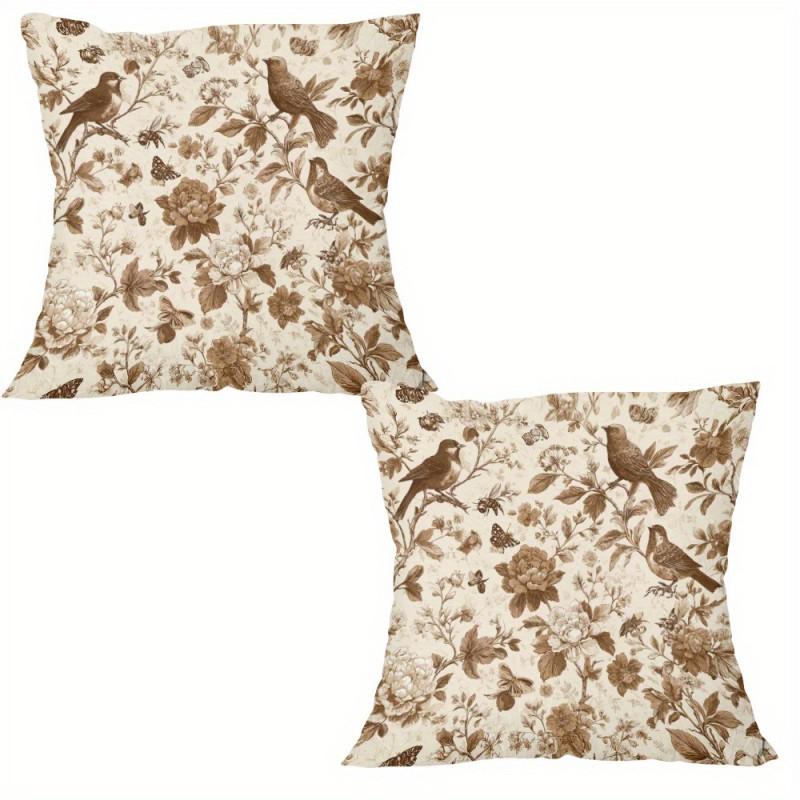 Vintage Floral Pillow Covers 2Pcs Set Brown Flower Leaves Birds Farmhouse Accent Decorative Pillow Cases Soft
