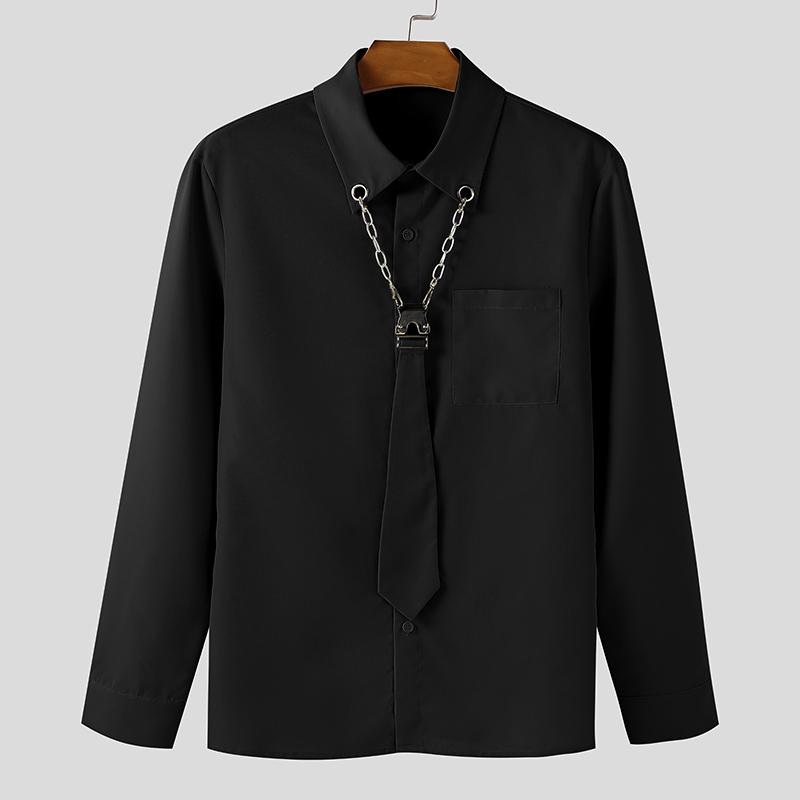 INCERUN Spring Men Tie Lapel Neck Long Sleeve Casual Loose Oversized Shirts Tops