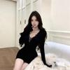 Pure Desire Pleated V-neck Long-sleeved Dress Women's Autumn Lace Splicing Tight Hip Skirt Short Skirt