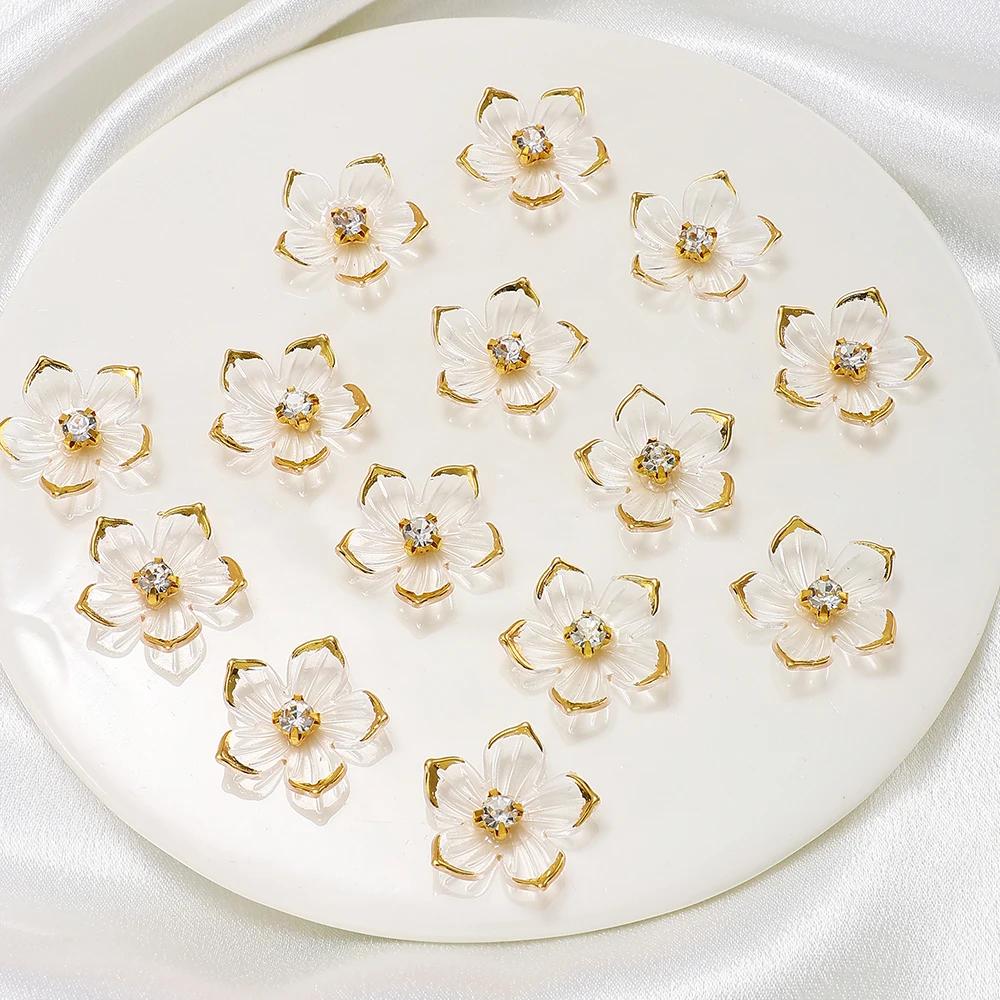 50Pcs 23mm Transparent Flower Shape With Artifical Rhinestone Patch Beads For Diy Jewelry Accessories