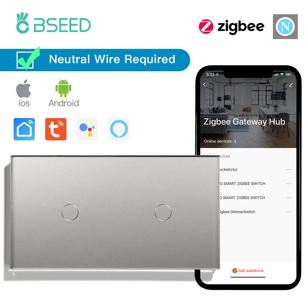 BSEED Zigbee 1/2/3Gang Touch Smart Switches 1/2/3Way Tuya Smart Life App Control With EU Wall Sockets Outlets Gray Series